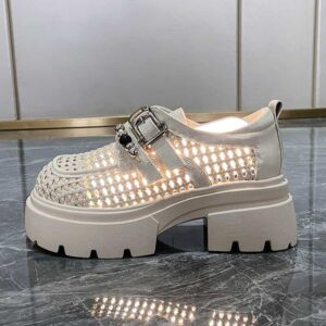 Off white women woven mesh hidden lift elevator loafer 6cm height boost platform shoe breathable hollow upper