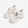 Matching pair off white women woven mesh hidden lift elevator platform loafers metal buckle strap detail