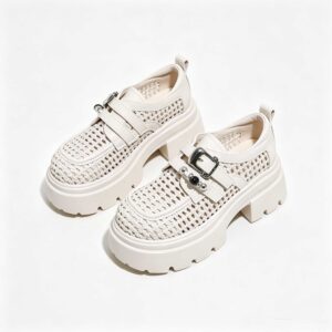 Matching pair off white women woven mesh hidden lift elevator platform loafers metal buckle strap detail