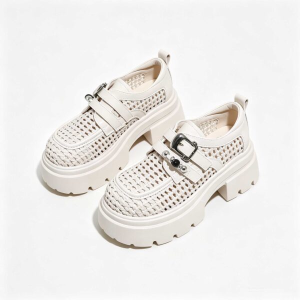 Matching pair off white women woven mesh hidden lift elevator platform loafers metal buckle strap detail