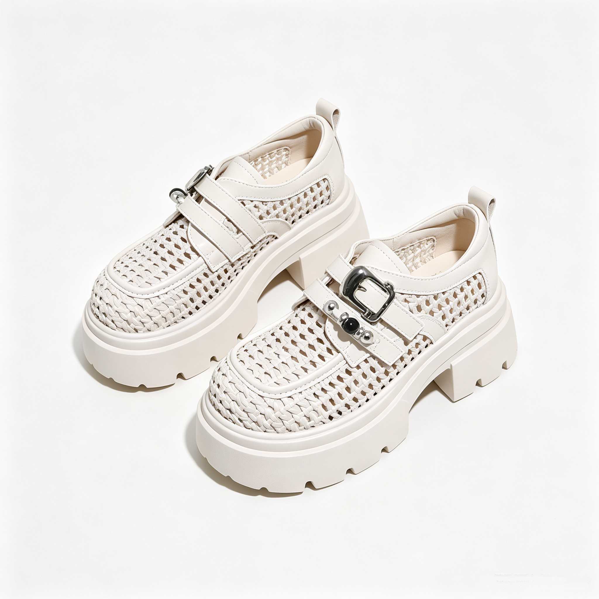 Matching pair off white women woven mesh hidden lift elevator platform loafers metal buckle strap detail