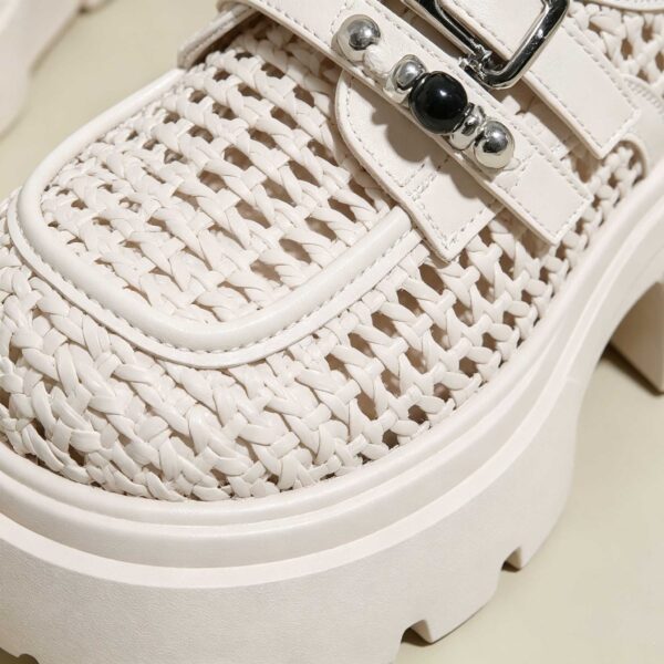 Close-up of breathable mesh woven upper on women platform shoes