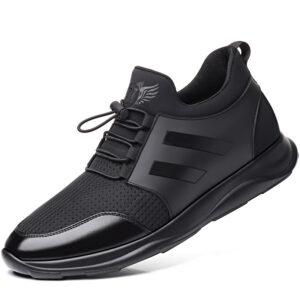Front side main shot men black leather mesh hidden lift elevator shoes 6 cm height boost platform sneaker