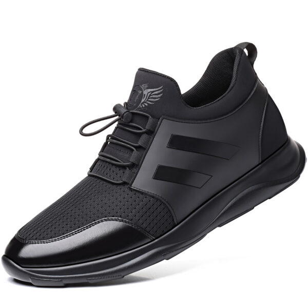 Front side main shot men black leather mesh hidden lift elevator shoes 6 cm height boost platform sneaker
