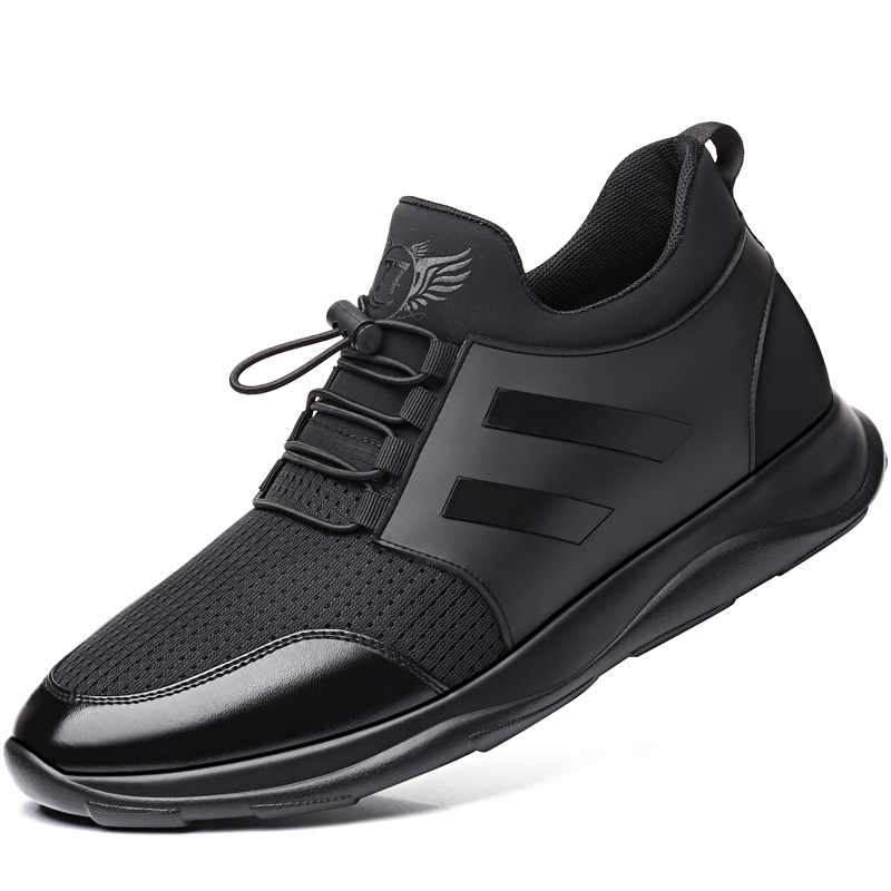 Front side main shot men black leather mesh hidden lift elevator shoes 6 cm height boost platform sneaker