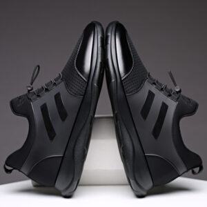 Pair all black men hidden lift elevator shoes symmetrical display leather mesh height boost platform sneakers