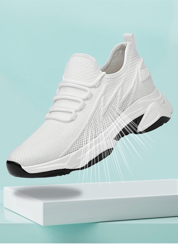 White knit men elevator shoes breathable hidden lift height boost platform sneaker lifestyle poster
