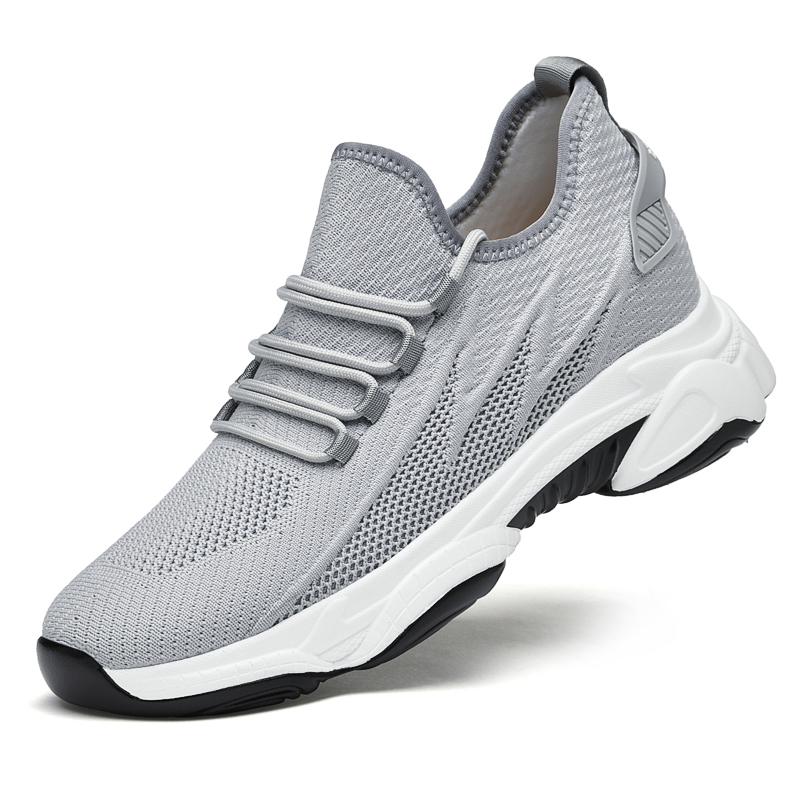 Men gray knit hidden lift elevator shoes 8cm height boost platform sneaker side view