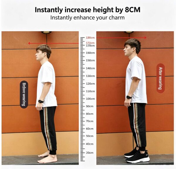 Women's height boost sneakers showing 8cm instant height increase with before-and-after comparison