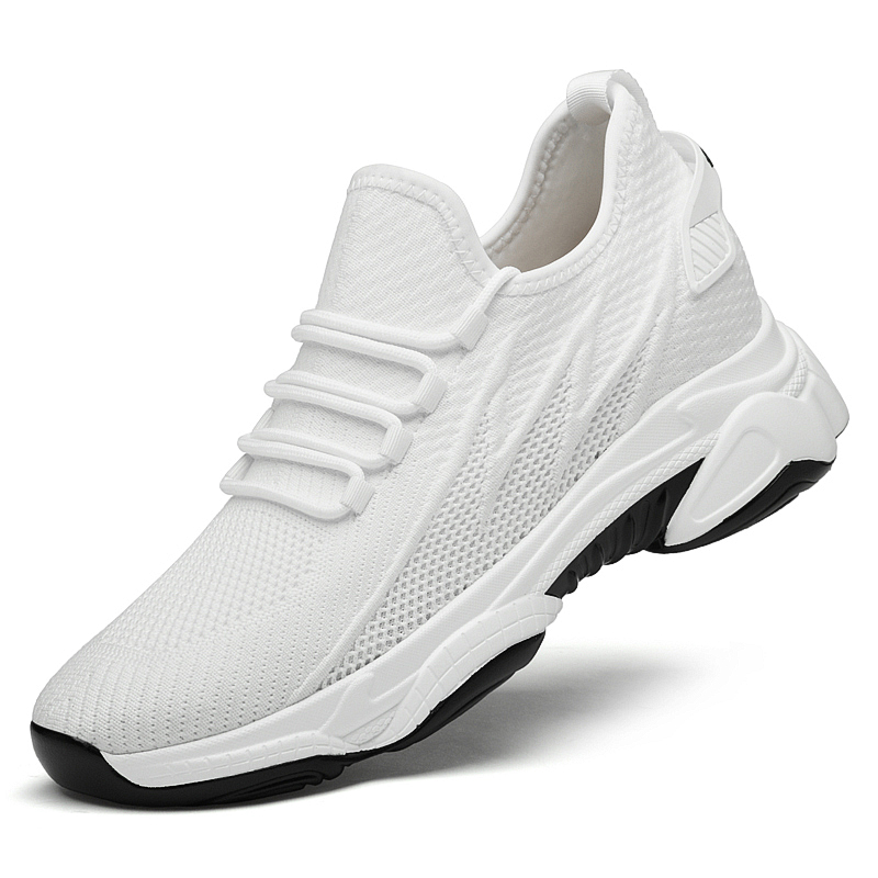 Men white knit hidden lift elevator shoes 8cm height boost platform sneaker side view