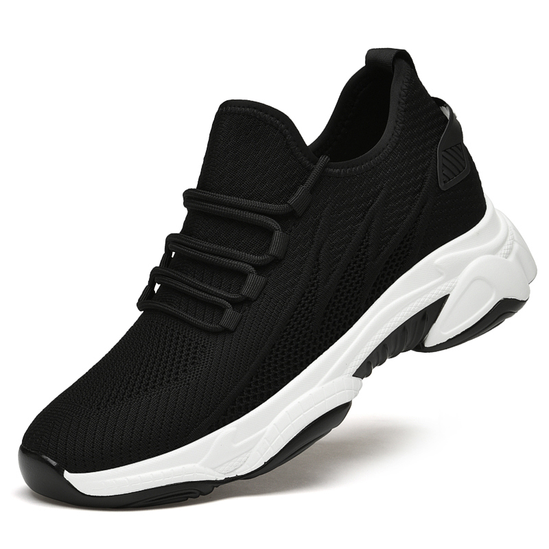 Men black knit hidden lift elevator shoes 8cm height boost platform sneaker side view